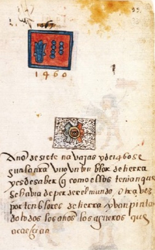 Codexdarstellung eines Erdbebens, das im Jahr 7 Knives oder 1460 stattfand. Unten ist die Ollin-Glyphe in die Erde eingebettet, die in zwei Schichten dargestellt ist.