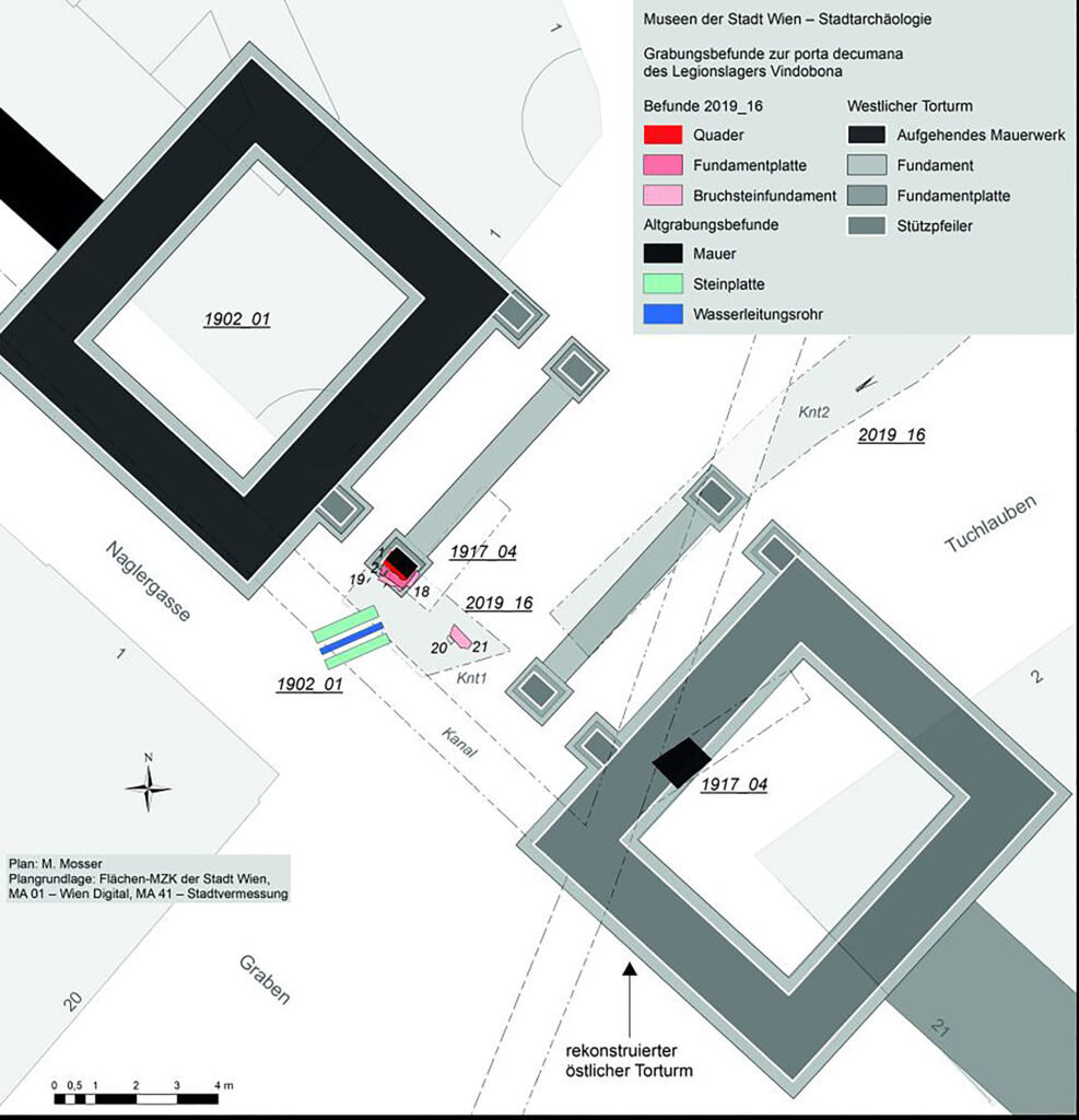 Grundrissplan der Tortürme der porta decumana an der Kreuzung Tuchlauben/Graben/Naglergasse.