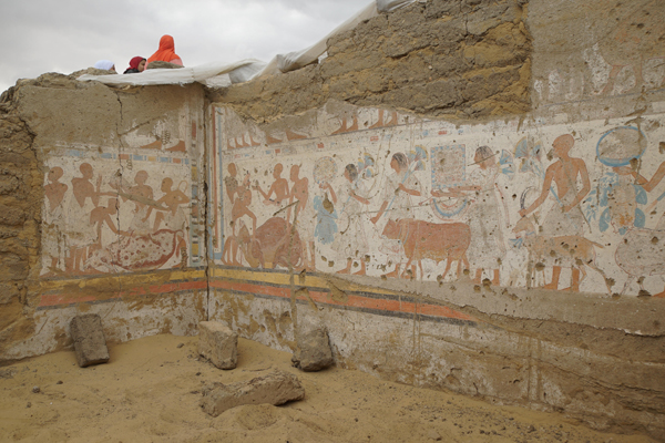 Das Bild zeigt die Wand der ersten Halle des Grabmals des Schatzmeisters „Ptah-M-Waya“, die mit einer Darstellung einer Prozession versehen ist. Von rechts nähern sich Gabenbringer, die Gegenstände und unterschiedliche Tiere (darunter ein Stier und eine Ziege) bringen. Sie laufen nach links. An der angrenzenden Wand ist die Schlachtung eines Kalbes dargestellt.