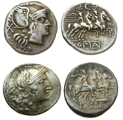 Römischer Denar, die römische Standard-Silbermünze. Zwei Stück, mit Vorder- und Rückansicht.