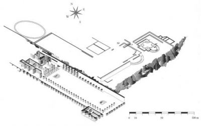 Abgebildet ist ein gezeichneter Plan und die Axonometrie der Überreste der Villa Trajans.
