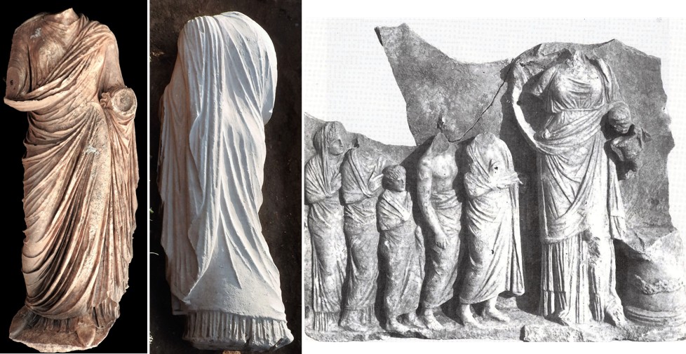 Statue einer Frau in einer Tunika, Vorder- und Rückansicht