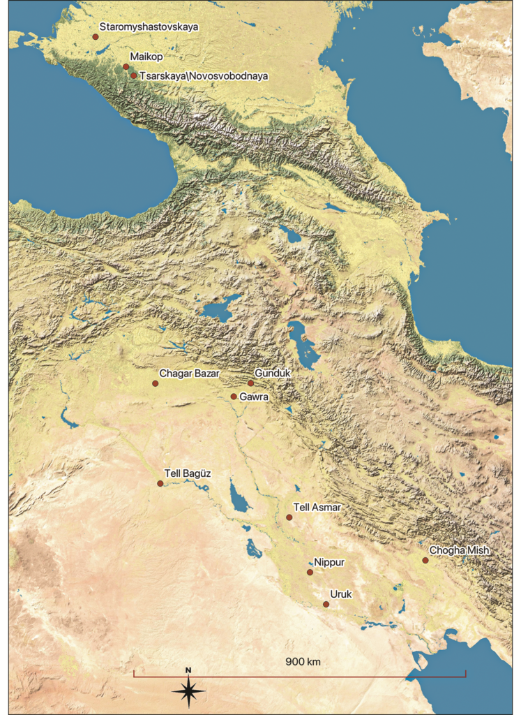Karte mit der Lage von Maikop, wo die Trinkhalme gefunden wurden. Maikop liegt im nordwestlichen Kaukasus. Ebenfalls auf der Karte zu sehen ist das Land Sumer mit den Stätten Uruk und Nippur.