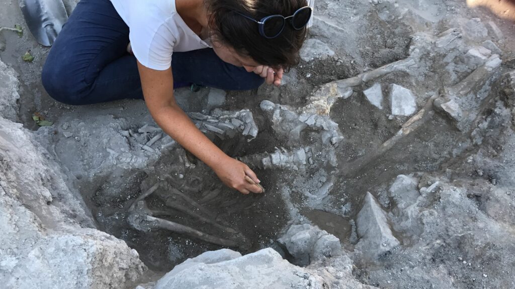 Tsunamiopfer von Çeşme–Bağlararası wird von einer Archäologin ausgegraben.