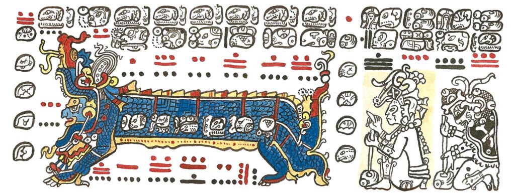 Ausschnitt des Dresdener Codex, einer Maya-Handschrift des 13. Jahrhunderts. Das Bild zeigt den Schöpfergott Itzamná im Rachen des Himmelsdrachen, umgeben von Text in der Maya-Schrift.