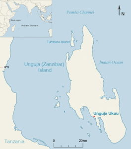 Karte mit der Verortung von Unguja Ukuu auf Unguja.