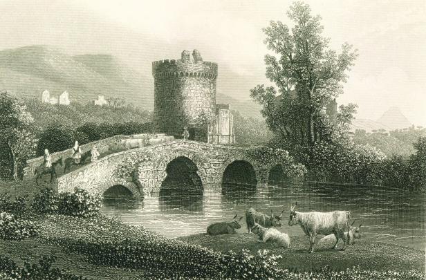 Bis heute in Teilen erhalten ist eine andere antike Brücke der Via Tiburtina, die Ponte Lucano über den Anio. Darstellung aus der Zeit um 1840.