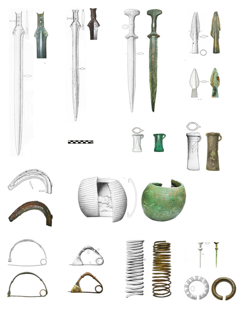 Metallgegenstände aus der Bronzezeit, wie sie aus den Metallen vom Balkan herstellt worden sein könnten: Schwerter, Fibeln, Armreife, Beile, Ringe und Spiralen,