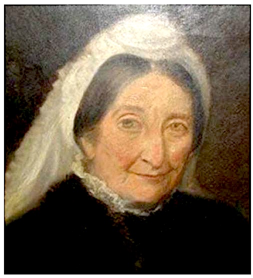 Porträt von Lady Caroline Elizabeth Hamilton Gray. Zu sehen ist eine ältere Frau, die ein schwarzes hochgeschlossenes Kleid trägt. Darunter ist der Kragen einer ebenfalls hoch geschlossenen Bluse zu sehen. Ihr Haar ist in der Mitte gescheitelt und nach hinten gesteckt. Ein langes Tuch bedeckt die Hälfte ihrer Haare.