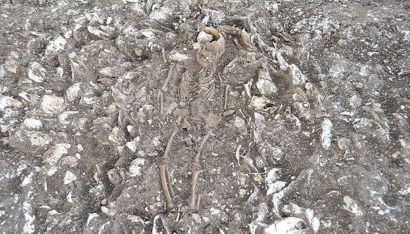 Zu sehen sind die freigelegten Überreste eines Kinder-Skelettes.