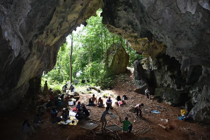 Blick in den Höhleneingang der Fundstätte Topogaro 2 auf den Inseln von Wallacea. Zu sehen sind mehrere Personen, die am Boden der Höhle arbeiten.
