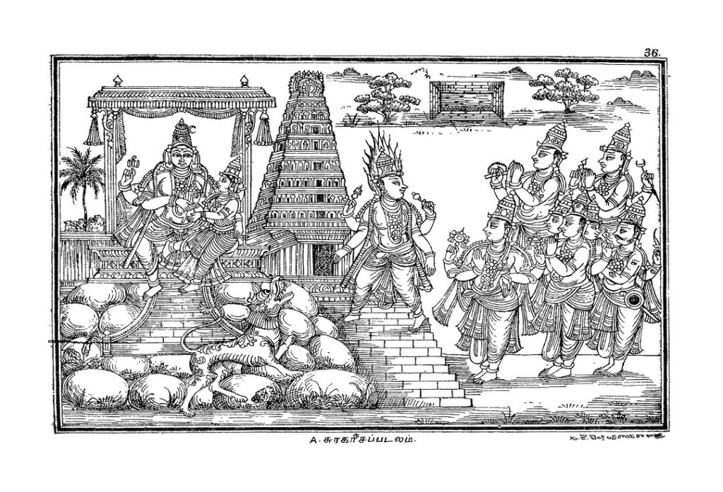 Die Götter nähern sich Shiva (Holzschnitt aus einem Tamil-Druck, 1900)