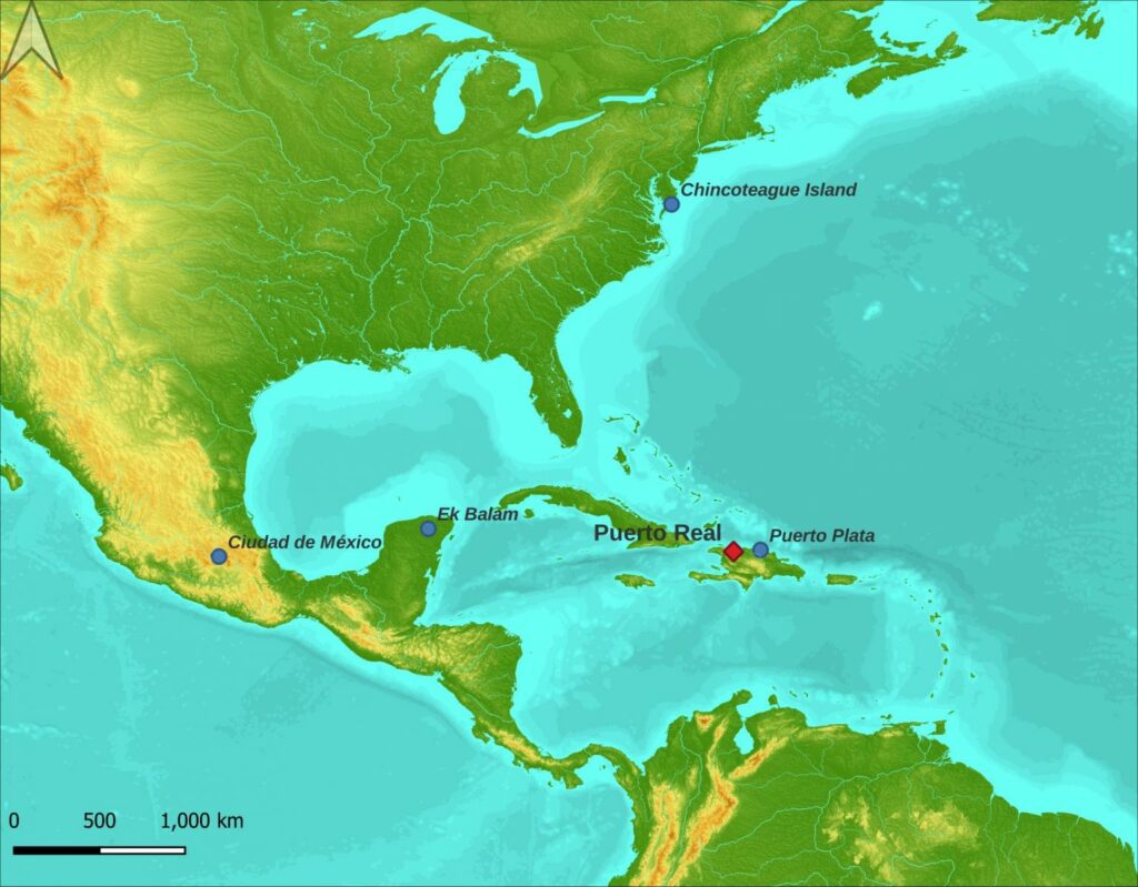 Die Karte zeigt einen Ausschnitt von Mittelamerika und Nordamerika. Verortet sind die Chincoteague Island (USA) sowie die Orte Puerto Real und Puerto Plata, sowie Ek Balam und Ciudad de México.