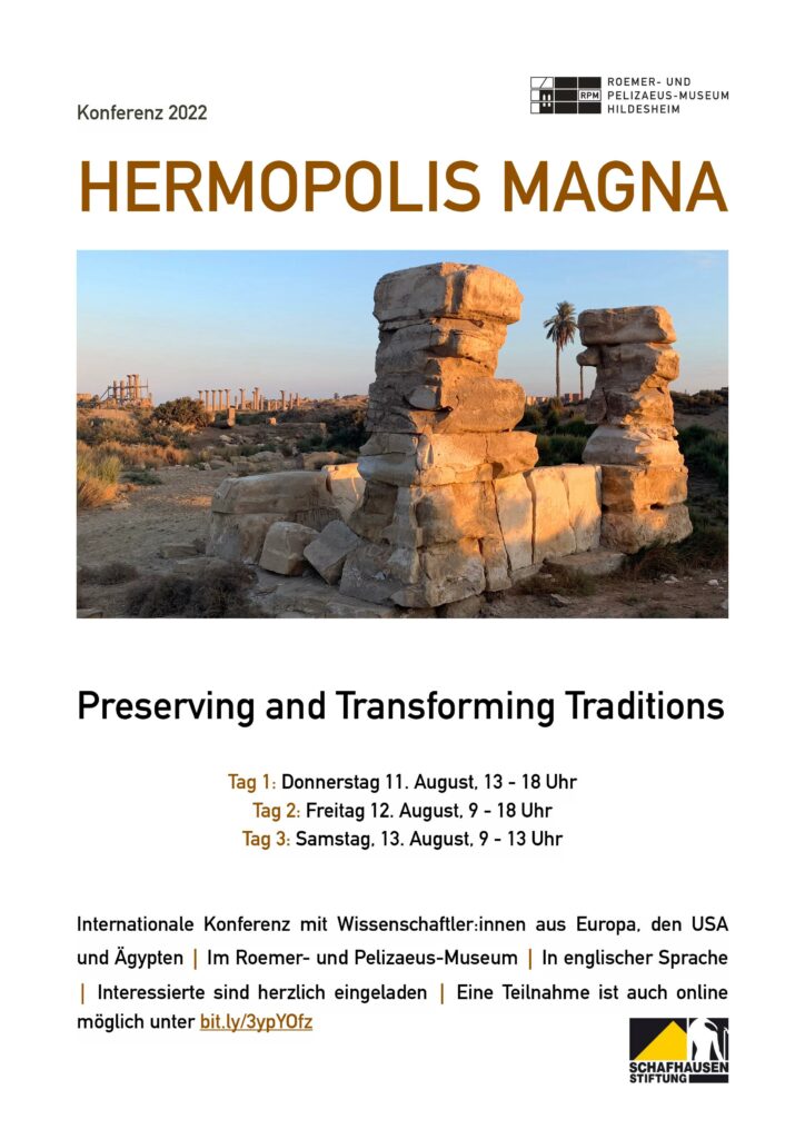Auf dem Plakat ist ein Foto mit Ruinen zu sehen. Darüber befindet sich die Überschrift "Hermopolis Magna". Darunter sind die Angaben zur Veranstaltung zu finden.