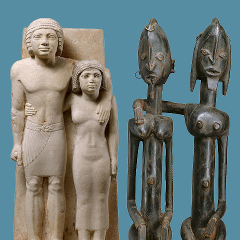 Zu sehen ist ein altägyptisches Relief und eine afrikanische Statuengruppe. Collage für die Ausstellung "The African Origin of Civilization".
