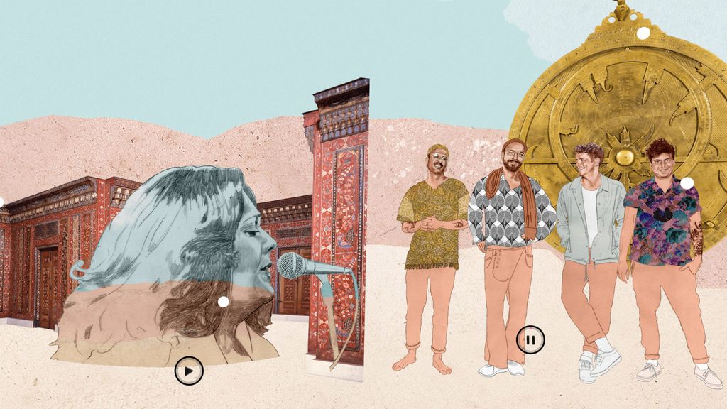 Screenshot aus "Islamic Art": Links ist eine Sängerin vor einem Tor zu sehen, rechtsstehen vier Männer. Im Vordergrund befinden sich ein Play- und ein Pause-Button.