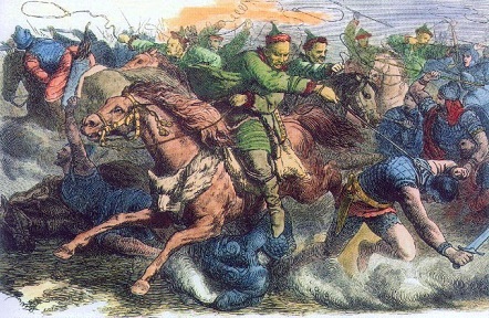 Der Holzstich aus dem 19. Jh. zeigt einen Kampf zwischen Hunnen und Alanen.