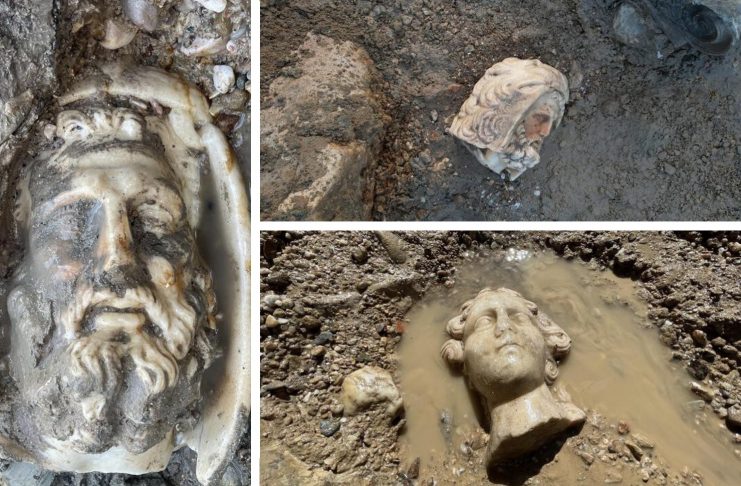 Collage der gefundenen Köpfe der Götter: Herakles mit der Löwenfell, jugendlicher Gott.